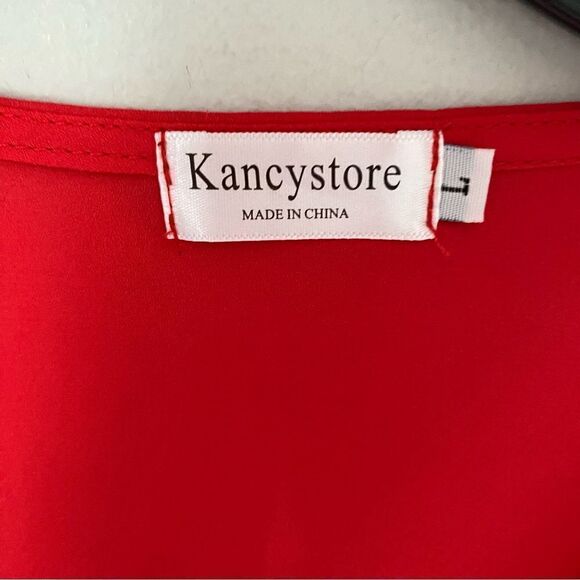 Kancy Store Women’s V Neck 3/4 Flared Sleeve Button Tie Front Red Blouse size L - Picture 2 of 3